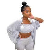 Home Wear Einfarbiger lässiger Spitzenhosen-Pyjama Dreiteiliges Set